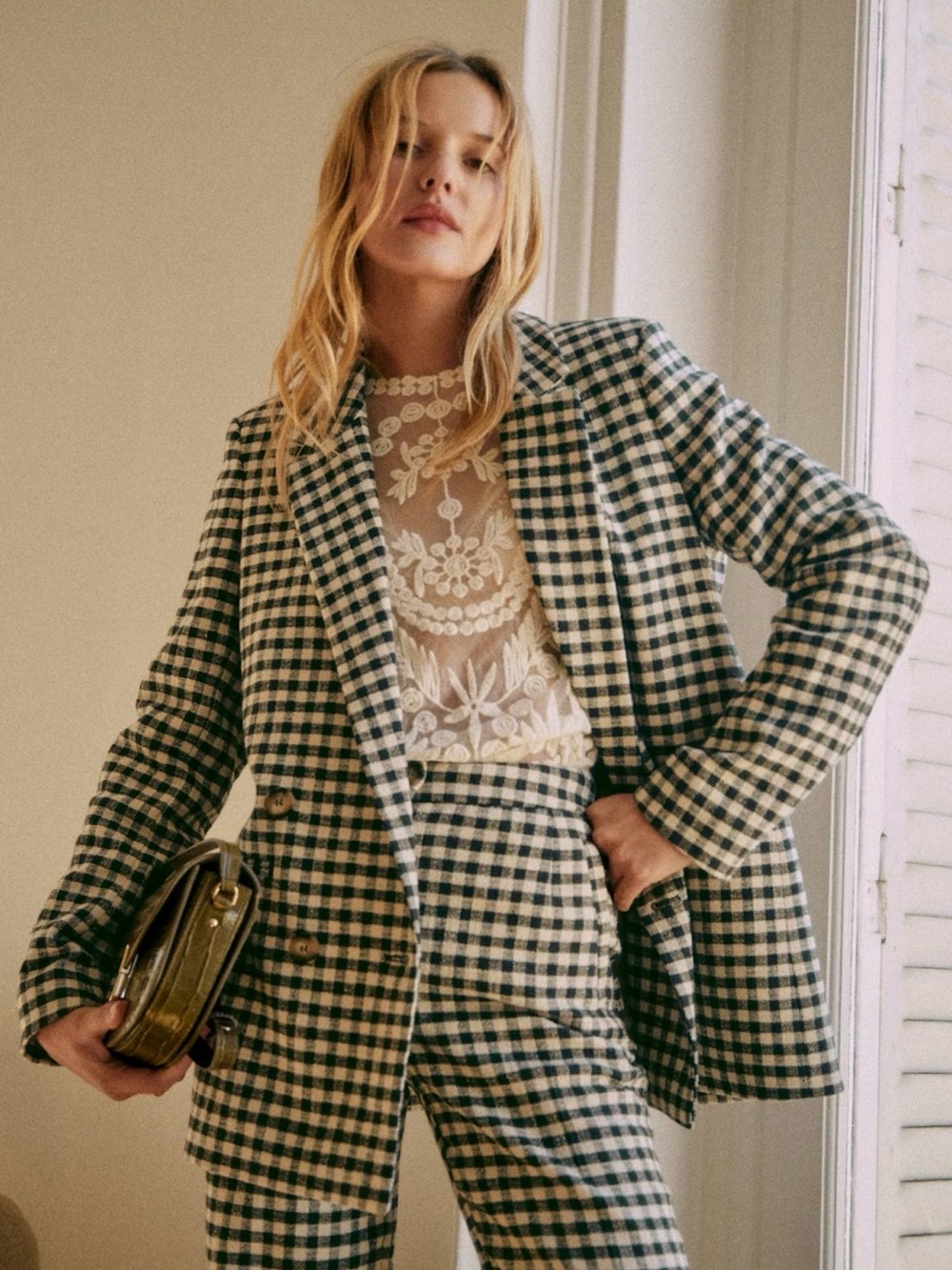 🌿NWT - Sezane Chelsea Gingham Blazer in Ecru & Khaki - size US 4 - Picture 2 of 11